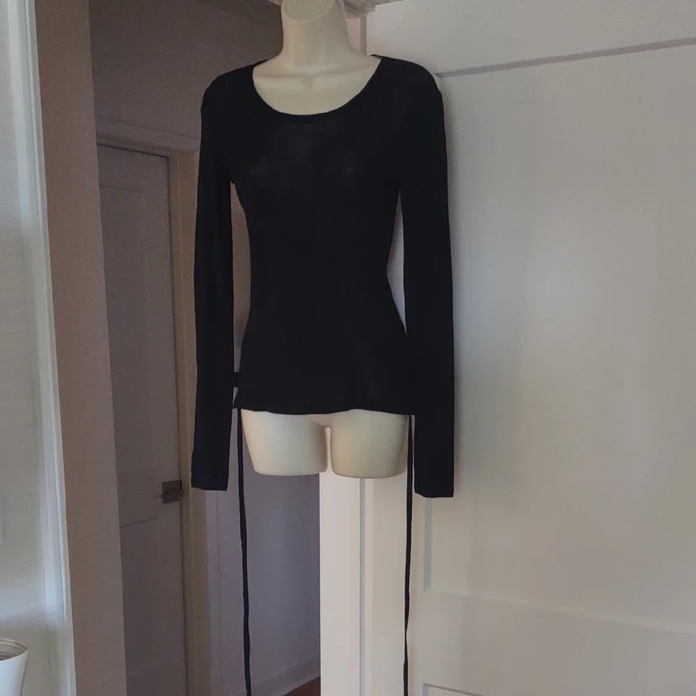 Zara Black Long-Sleeve Scoop Neck Top with Side Ties - Size SMALL - Picture 2 of 8